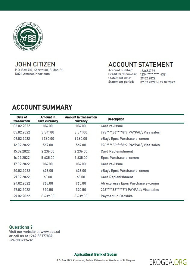 Relevé bancaire de la Banque agricole du Soudan du Soudan